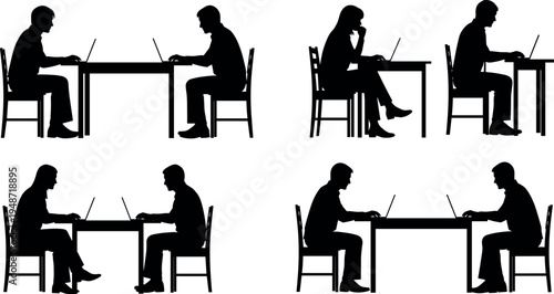 Silhouettes of business people working on laptops at table in different poses, remote work communication concept, teamwork, freelance office activity isolated on white