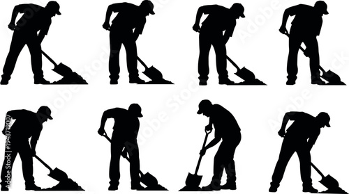 Worker silhouette digging soil with shovel in different poses, manual labor and construction activity concept, hardworking builder illustration set isolated on white background