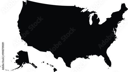 Black silhouette map of the united states of america including alaska and hawaii on a white background.