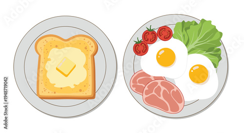 Delicious breakfast set featuring buttered toast on one plate and fried eggs with ham, lettuce, and cherry tomatoes on another ceramic dish.