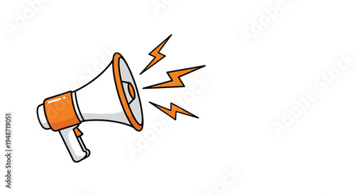 Orange and white megaphone illustration with orange lightning bolt icons representing loud noise or emergency announcements on a plain background.