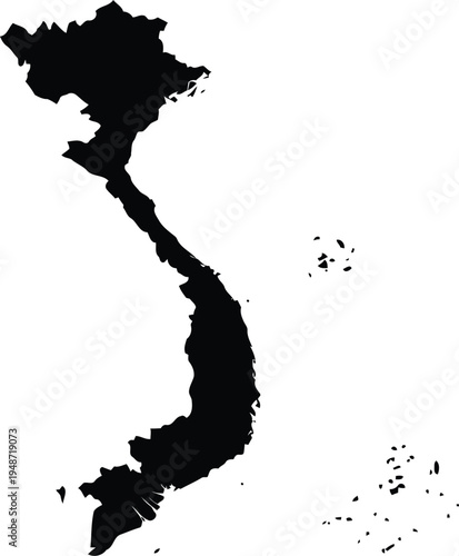 Black silhouette map of vietnam isolated on white background with its islands.