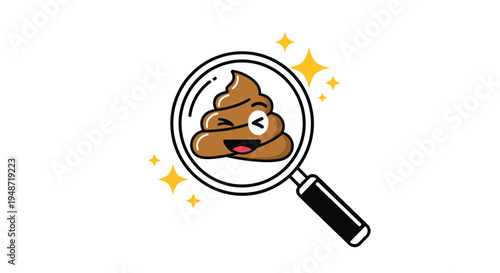 Smiling brown poop emoji with a wink and stars viewed through a magnifying glass for health monitoring or humorous design purposes.