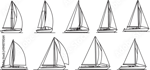 Illustration of various sailboat designs with different sail configurations and rigging styles Vector