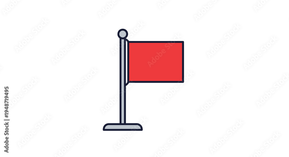 Obraz premium Simple red flag on a gray pole with a circular base icon representing a target, marker, or achievement against a white background.