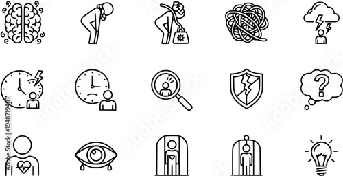 Mental Health Line Icons Set: Exploring Stress, Anxiety, Depression, Time Pressure, Ideas, and Emotional Well-being Concepts