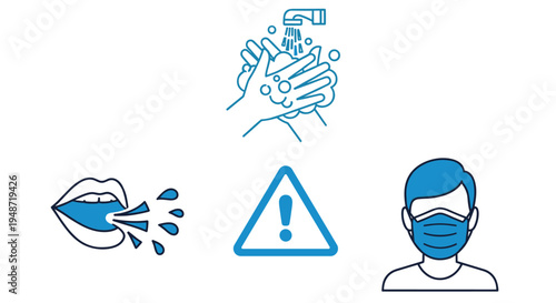 Collection of blue COVID-19 safety icons including hand washing, mask wearing, and cough symptoms with a warning symbol.