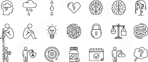Collection of Mental Health and Emotional Well-being Line Icons: Stress, Depression, Brain, Therapy, Medicine, and Support Symbols