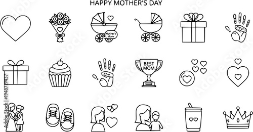 Happy Mother's Day Line Art Icons Set. Simple outline symbols for celebration, mom love, gifts, baby, and family. Collection of Motherhood themed vector illustrations.