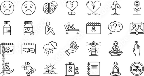 Mental Health and Depression Line Icons Set. Collection of Symbols for Emotional Well-being, Therapy, Support, Stress, and Recovery.