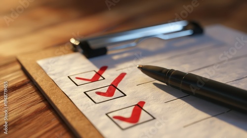 Wallpaper Mural The Checklist on a Clipboard with Red Checkmarks and a Pen on Desk Torontodigital.ca