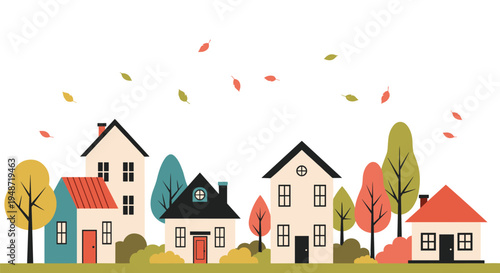 Charming autumn landscape featuring various houses, colorful trees, and falling leaves against a clean white background for seasonal decor.