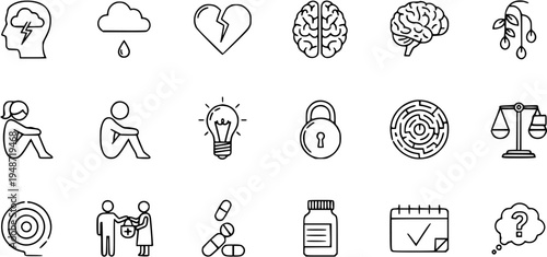Set of Mental Health and Psychology Line Icons: Brain, Emotions, Depression, Therapy, Anxiety, Awareness, and Treatment Symbols in Outline Style.