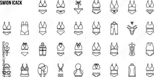 Diverse collection of swimwear and swim accessories icons in outline style on white background