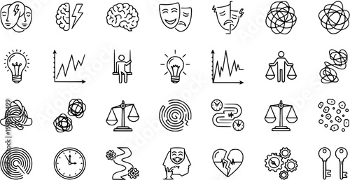 Psychology, Mind, and Emotional Concepts Line Art Icons Set - Covering Mental Health, Thinking, Balance, Therapy, and Idea Generation