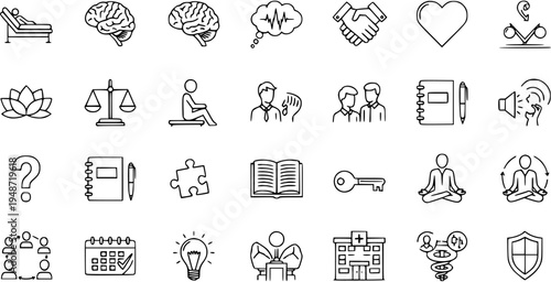 Psychology and Mental Health Icons: Brain, Therapy, Support, Growth, and Well-being Symbols
