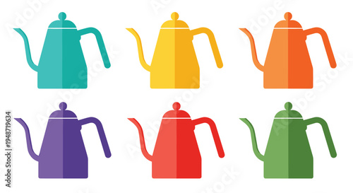 Six long necked coffee pots in various colors like yellow, red, and purple arranged in a grid for coffee brewing enthusiasts.