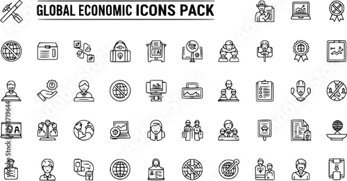 Global Economic Icons Pack: Business, Finance, Investment, and Technology Line Art Symbols