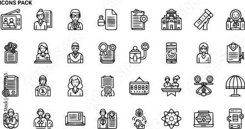 Professional Business  Office Line Icons Pack. Vector outline symbols for people, documents, communication, technology, and management concepts in a modern style.