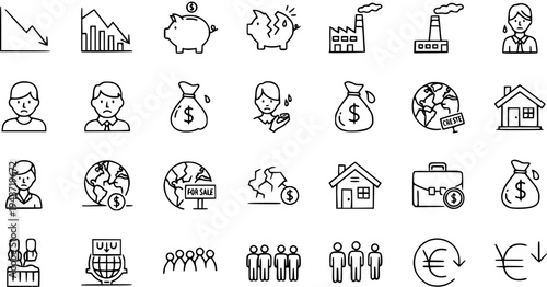 Economic Crisis and Financial Recession Line Icons Set: Business Downfall, Unemployment, Global Market Problems, Debt  Investment Loss Symbols
