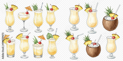 Set of watercolor Pina Colada cocktails with pineapple and cherry garnishes in various glasses and coconut shells.