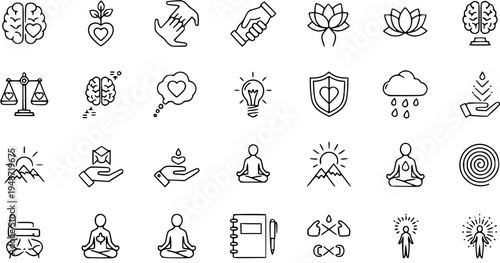 Set of 49 Icons Representing Mindfulness, Self-Care, Mental Health, and Well-being