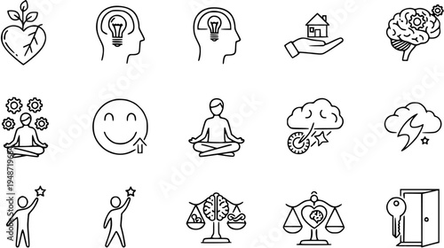 Mental Health and Wellness Icons Set: Brain, Meditation, Happiness, Home, Growth, Key, Balance, and More