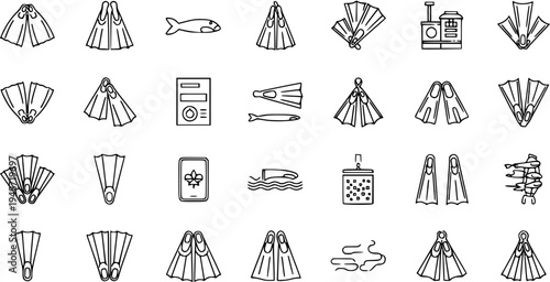 Swimming Fins and Flippers Line Art Vector Icon Set. Includes Aquatic Life, Water Sports, Diving Gear, and Related Outline Symbols.