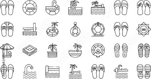 Summer Beach Vacation Icons Set: Flippers, Lifesavers, Tropical Islands, Pools, Umbrellas and More.