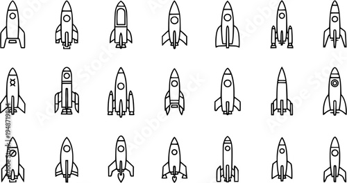 Outline Rocket Icons Set. Vector Collection of Simple Line Art Spacecraft Symbols for Startup, Technology, Exploration, and Cosmic Travel Concepts.