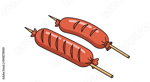 Pair of hot grilled sausages served on wooden skewers with visible char marks isolated against a plain white background.