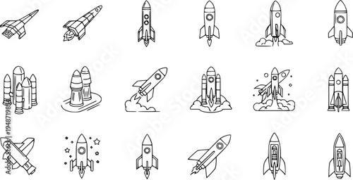 Collection of Line Art Rocket Icons - Space Exploration, Launch, and Futuristic Flight Designs