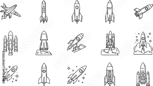 Vector Icon Set of Rockets and Spacecraft for Cosmic Adventure and Exploration