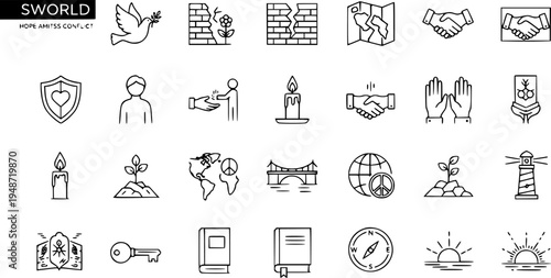 World Hope Amidst Conflict Line Art Icons Set: Symbols of Peace, Unity, Growth, Guidance, and Support for Global Harmony and Positive Change.