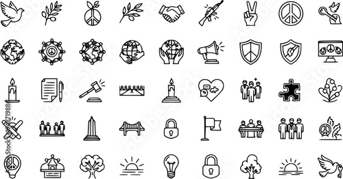 Peace, Justice, and Global Unity Line Icons Set. Vector Outline Symbols for Human Rights, Anti-War, Community, Hope, and Solutions.