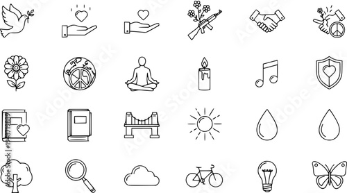 Hand-drawn Outline Icons Set for Peace, Love, Nature, Wellness, Social Issues, and Everyday Life Concepts