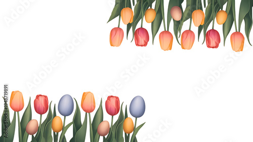 Colorful spring tulips hanging from top border isolated on transparent background PNG, floral frame
