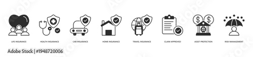 Insurance Icon Set. Icon set includes Life Insurance, Health Insurance, Car Insurance, Home Insurance, Travel Insurance, Claim Approved, Asset Protection, Risk Management.