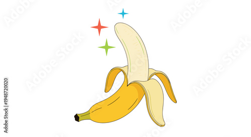 Ripe yellow banana partially peeled with colorful star shaped sparkles indicating high quality or extreme freshness.