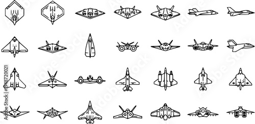 Vector line art icons of modern military aircraft. Collection features various fighter jets, stealth planes, and futuristic aviation designs from different angles.