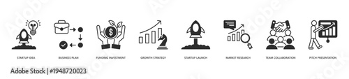 Startup Business Planning Icon Set. Icon set includes Startup Idea, Business Plan, Funding Investment, Growth Strategy, Startup Launch, Market Research, Team Collaboration, Pitch Presentation.