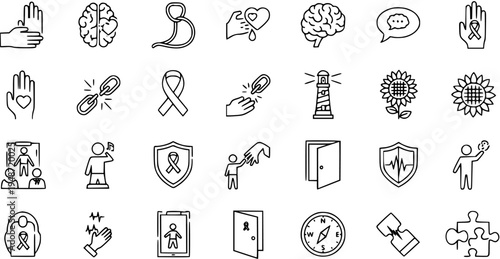 Vector line icons for health, medical, mental health, awareness, and social support. Includes brain, heart, hands, ribbons, care, community symbols.