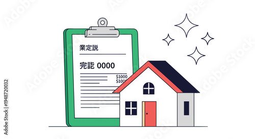 Small modern house standing next to a large clipboard with real estate documents and price tags on it.