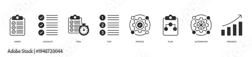 Workflow Icon Set. Icon set includes Order, Checklist, Task, Step, Process, Plan, Automation, Progress.