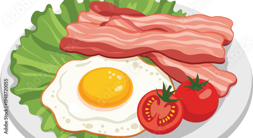Delicious breakfast plate featuring two strips of crispy bacon, a fried egg, lettuce, and two fresh tomatoes.