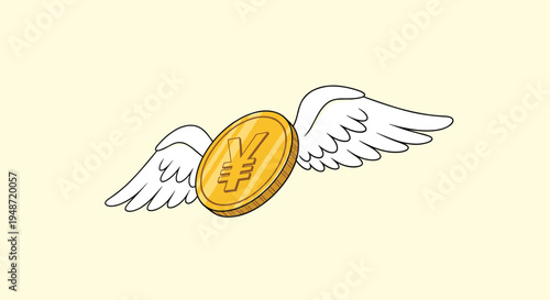 Single golden yen or yuan coin with white feathered wings flying through the air on a pale yellow background.