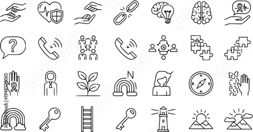 Diverse Line Art Icons: Healthcare, Support, Communication, Teamwork, Mental Health, Nature, Guidance. Vector set for help, ideas, growth, and connection concepts.