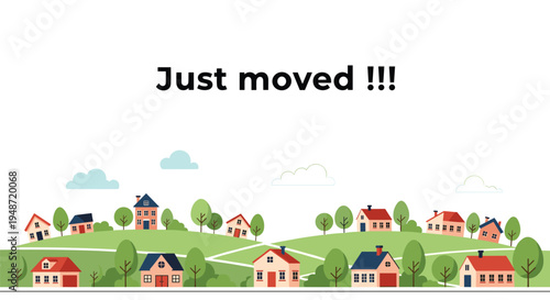 Simple banner with just moved text and three exclamation marks over a sprawling green suburban landscape.