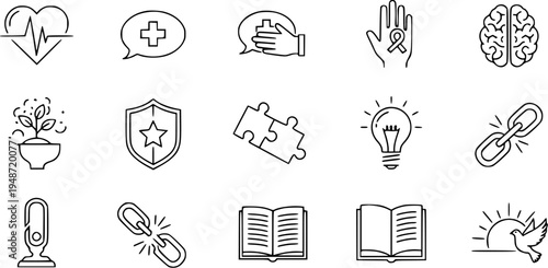 Vector line icons collection: health, medical, communication, brain, growth, security, puzzle, idea, connection, education, peace. Modern minimal design elements.