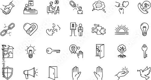 Diverse Line Icons Representing Support, Community, Health, Hope, and Solutions